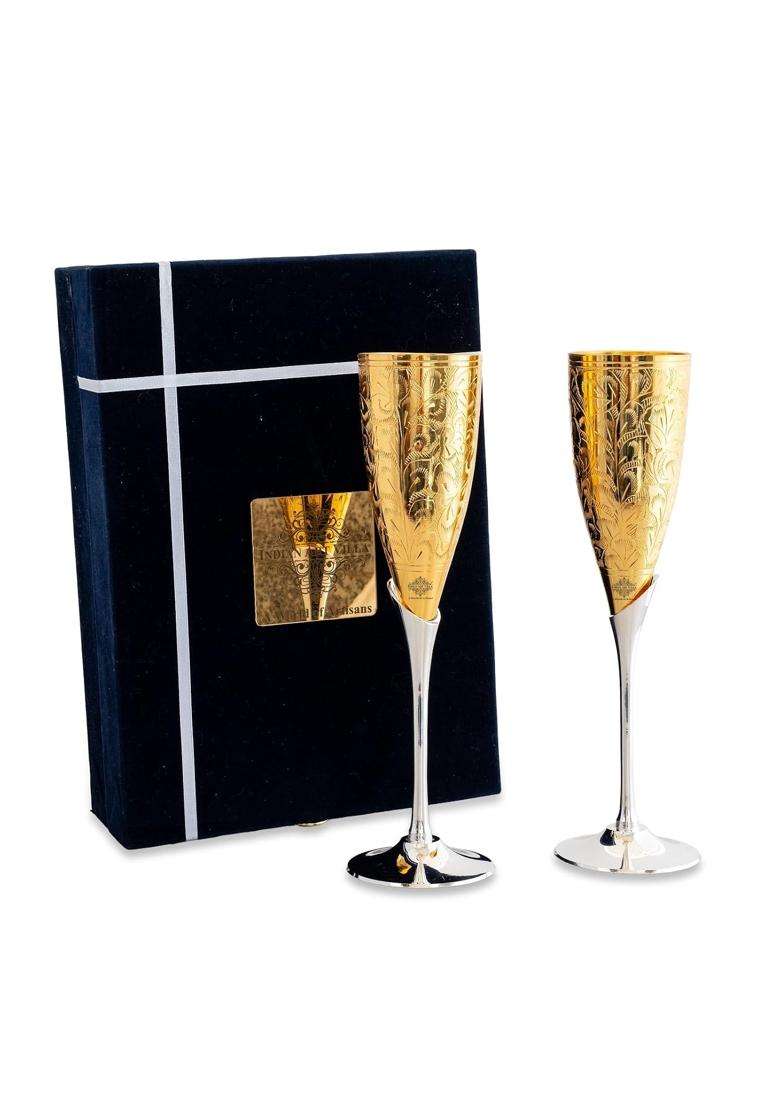 INDIAN ART VILLA Silver Plated Gold Polish and Brass Champange Wine Glass with Blue Box | 200 ml | 6.8 fl oz | 2-Piece Set - Indya