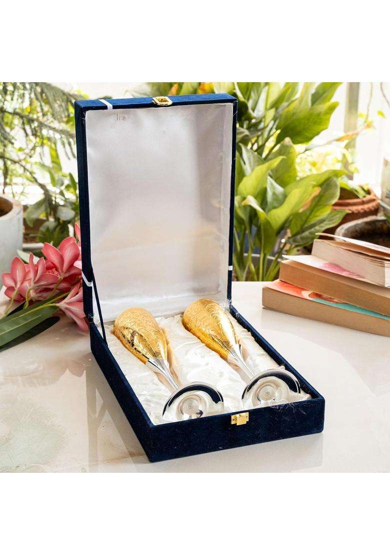 INDIAN ART VILLA Silver Plated Gold Polish and Brass Champange Wine Glass with Blue Box | 200 ml | 6.8 fl oz | 2-Piece Set - Indya