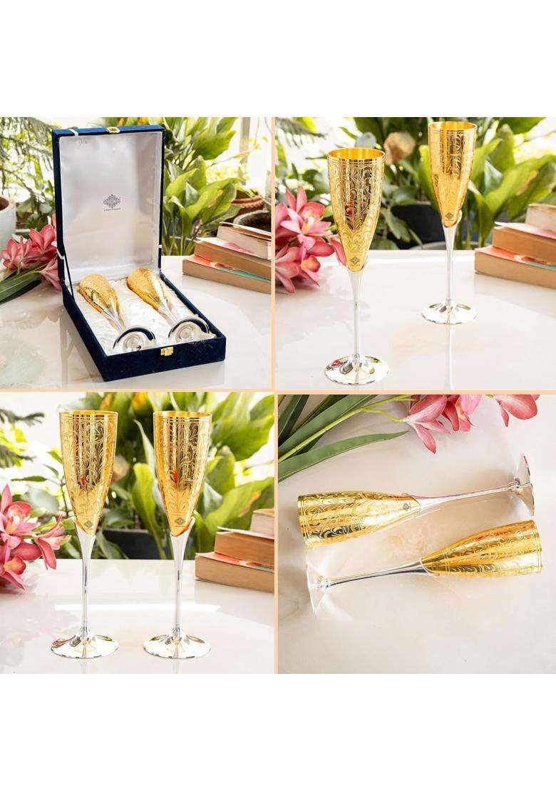 INDIAN ART VILLA Silver Plated Gold Polish and Brass Champange Wine Glass with Blue Box | 200 ml | 6.8 fl oz | 2-Piece Set - Indya