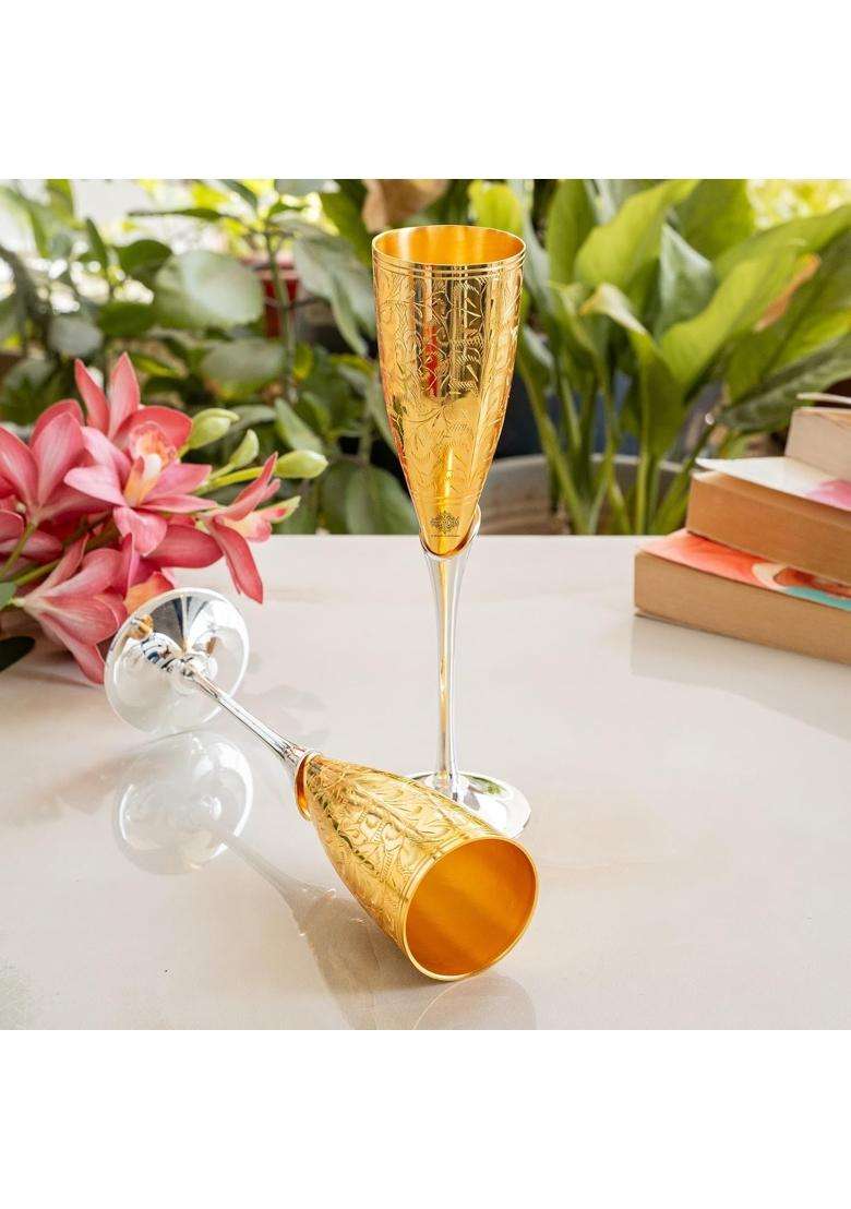 INDIAN ART VILLA Silver Plated Gold Polish and Brass Champange Wine Glass with Blue Box | 200 ml | 6.8 fl oz | 2-Piece Set - Indya