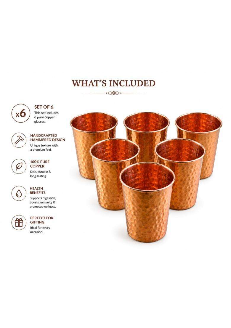 i2collections Pure Copper Water Glass | 300 ml | 10.1 fl oz | 6-Piece Set | Handcrafted | Hammered Finish - Indya
