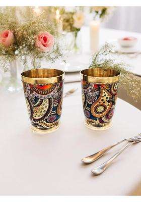 Blissful Decor Presents Pure Brass Meena Finish Glass Tumbler with Brass Bottom | 250 ml | 8.5 fl oz | 2-Piece Set