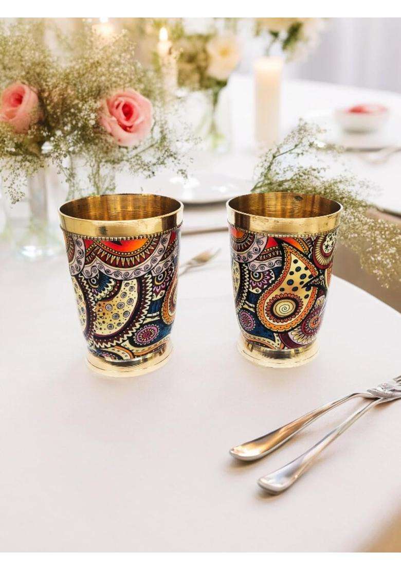 Blissful Decor Presents Pure Brass Meena Finish Glass Tumbler with Brass Bottom | 250 ml | 8.5 fl oz | 2-Piece Set - Indya