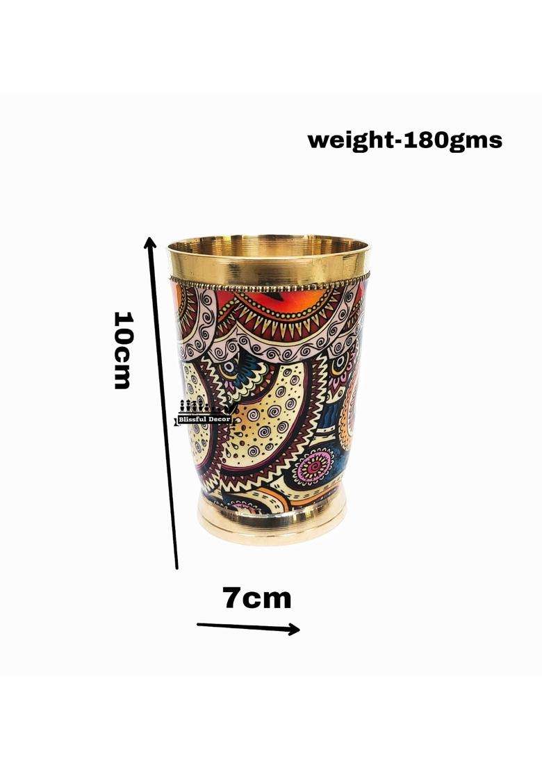 Blissful Decor Presents Pure Brass Meena Finish Glass Tumbler with Brass Bottom | 250 ml | 8.5 fl oz | 2-Piece Set - Indya