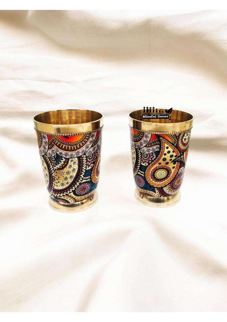 Blissful Decor Presents Pure Brass Meena Finish Glass Tumbler with Brass Bottom | 250 ml | 8.5 fl oz | 2-Piece Set - Indya