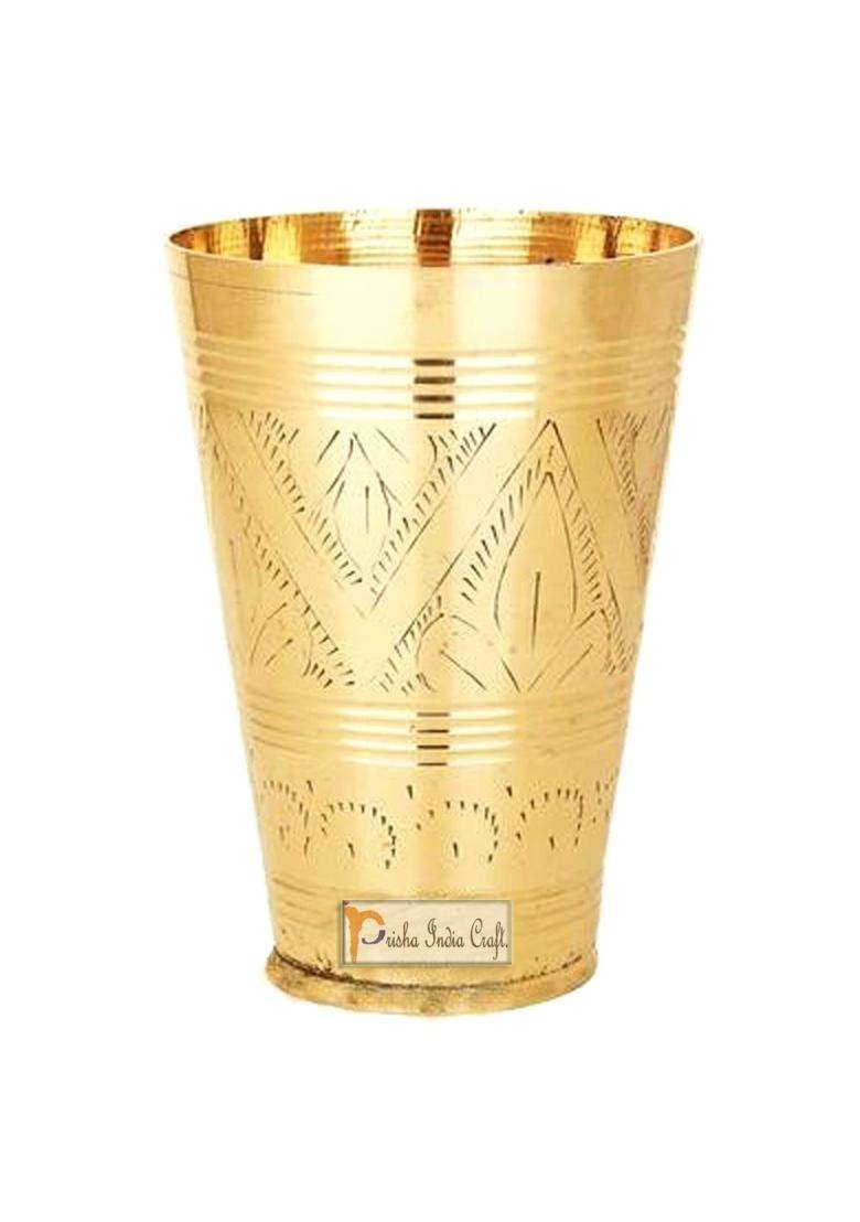 Prisha India Craft Pure Brass Mughlai Style Embossed Designer Glass Tumbler | 250 ml | 8.5 fl oz - Indya
