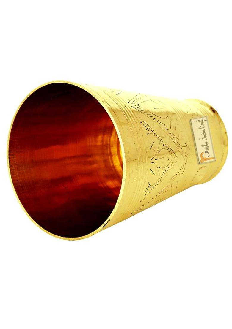 Prisha India Craft Pure Brass Mughlai Style Embossed Designer Glass Tumbler | 250 ml | 8.5 fl oz - Indya