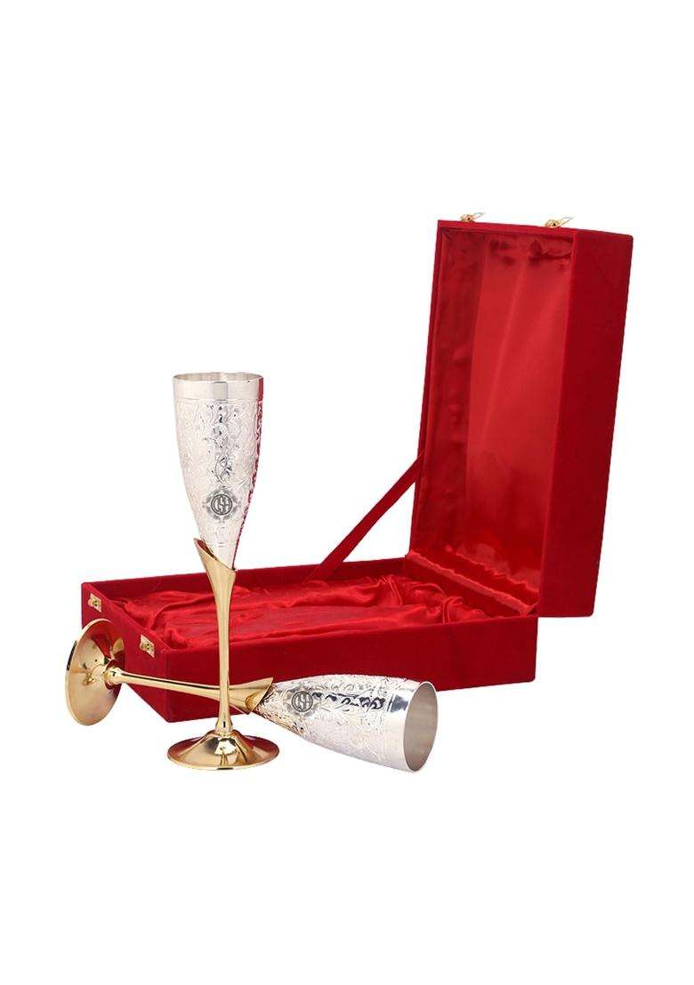 DSH CRAFTING YOUR CURIOSITY DSH Hand Engraved Silver Plated Brass Wine Glass Set | 100 ml | 3.4 fl oz | 2-Piece Set - Indya