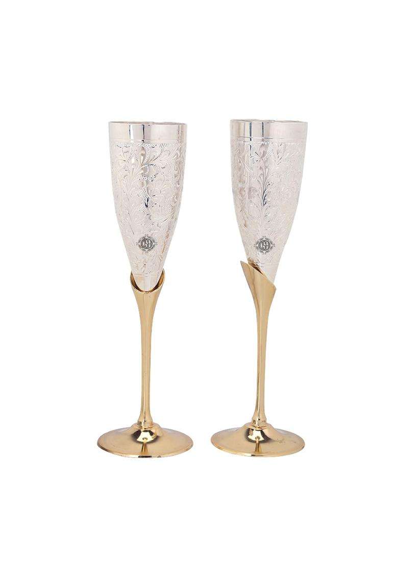 DSH CRAFTING YOUR CURIOSITY DSH Hand Engraved Silver Plated Brass Wine Glass Set | 100 ml | 3.4 fl oz | 2-Piece Set - Indya