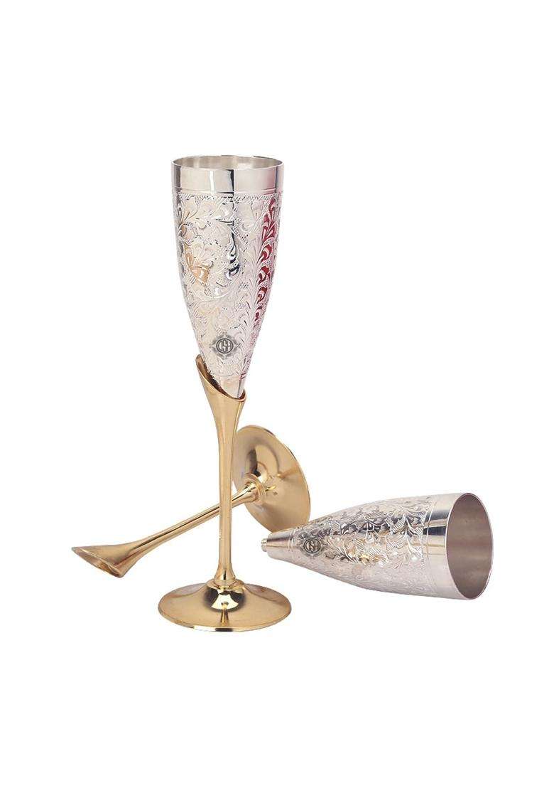 DSH CRAFTING YOUR CURIOSITY DSH Hand Engraved Silver Plated Brass Wine Glass Set | 100 ml | 3.4 fl oz | 2-Piece Set - Indya