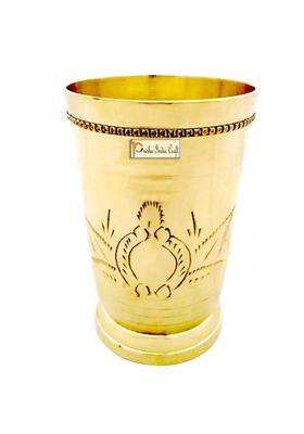 Prisha India Craft Pure Brass Mughlai Style Embossed Design Lassi Glass Tumbler | 250 ml | 8.5 fl oz