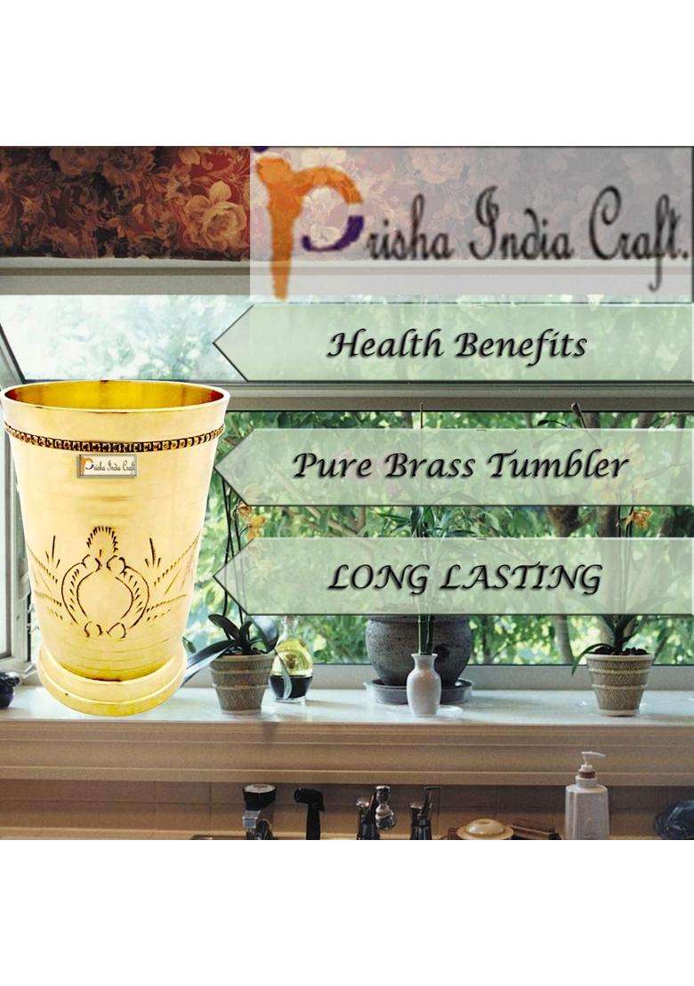 Prisha India Craft Pure Brass Mughlai Style Embossed Design Lassi Glass Tumbler | 250 ml | 8.5 fl oz - Indya