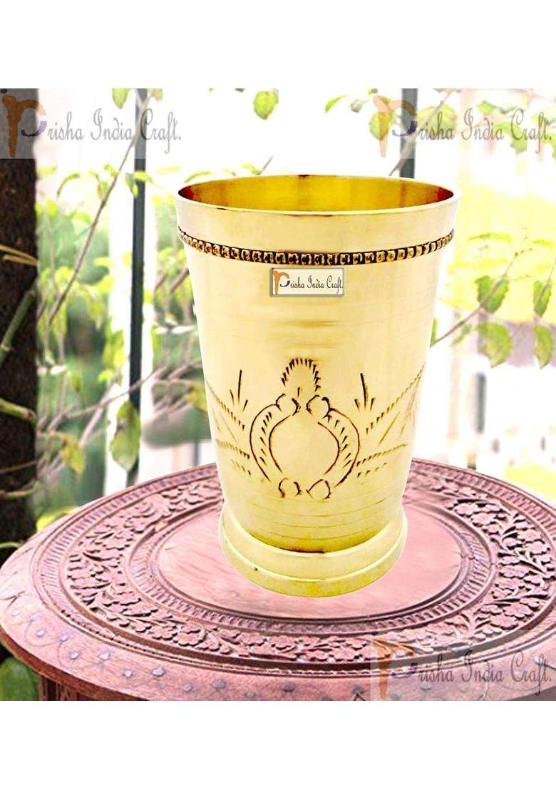 Prisha India Craft Pure Brass Mughlai Style Embossed Design Lassi Glass Tumbler | 250 ml | 8.5 fl oz - Indya