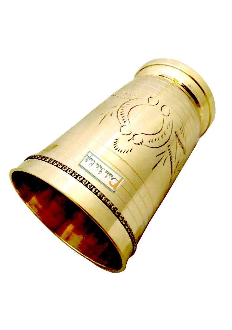 Prisha India Craft Pure Brass Mughlai Style Embossed Design Lassi Glass Tumbler | 250 ml | 8.5 fl oz - Indya