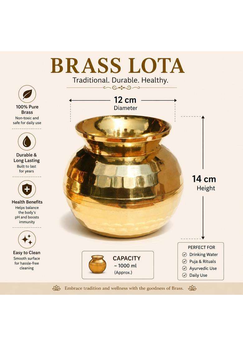Pure Source India Diamond Cut Brass Lota Water Pot for Puja | 500 ml | 16.9 fl oz | 4 Inch - Indya