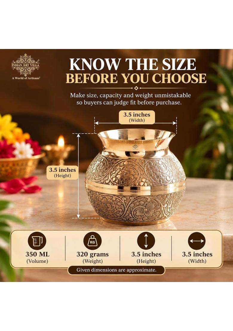 INDIAN ART VILLA Pure Brass Lota Water Pot for Pooja | 350 ml | 11.8 fl oz | Handcrafted - Indya