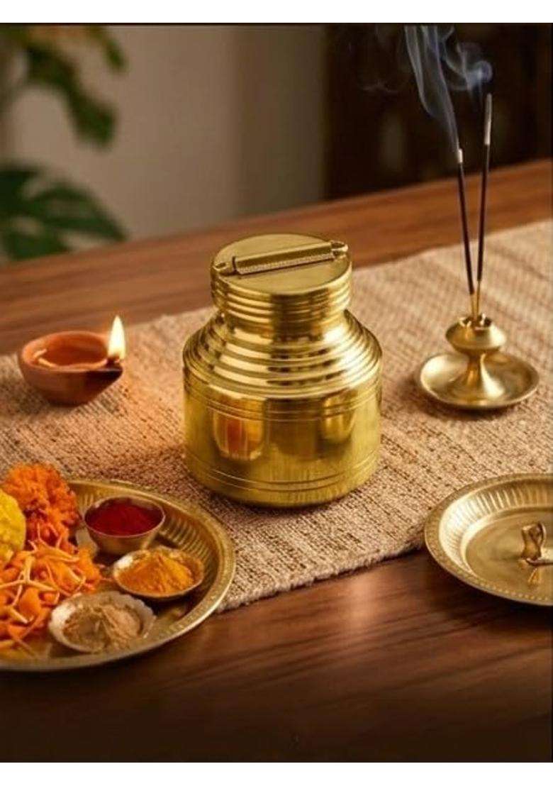 Desi Dhatu Pure Brass Pital Kalash Sacred Pot | 500 ml | 16.9 fl oz | With Lid - Indya