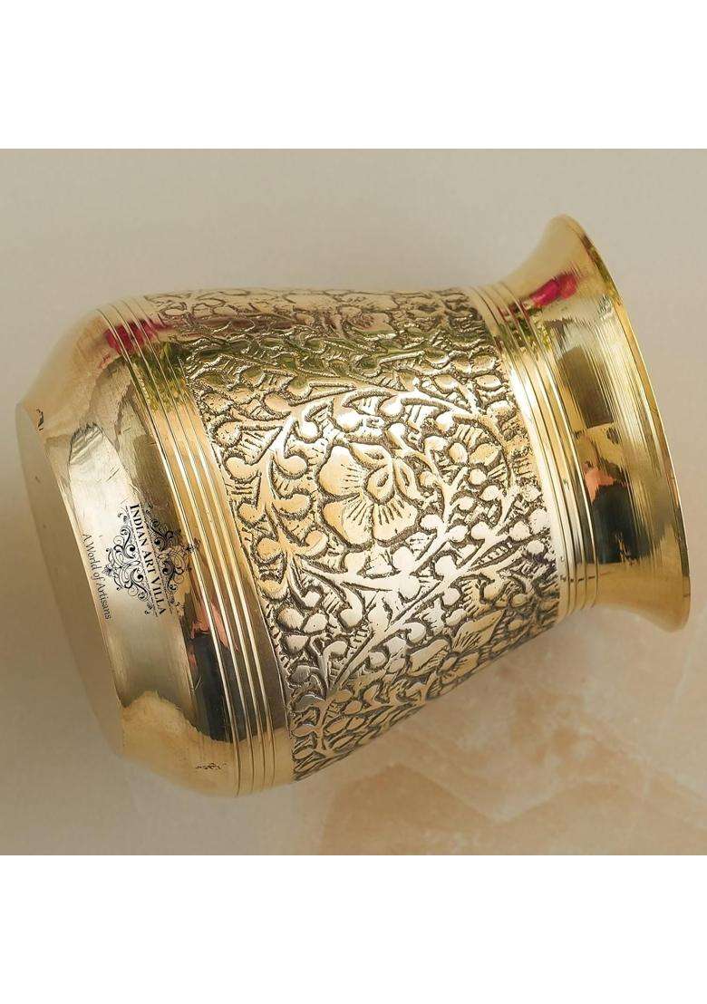INDIAN ART VILLA Pure Brass Embossed Parsi Lota Water Pot for Pooja | 300 ml | 10.1 fl oz - Indya