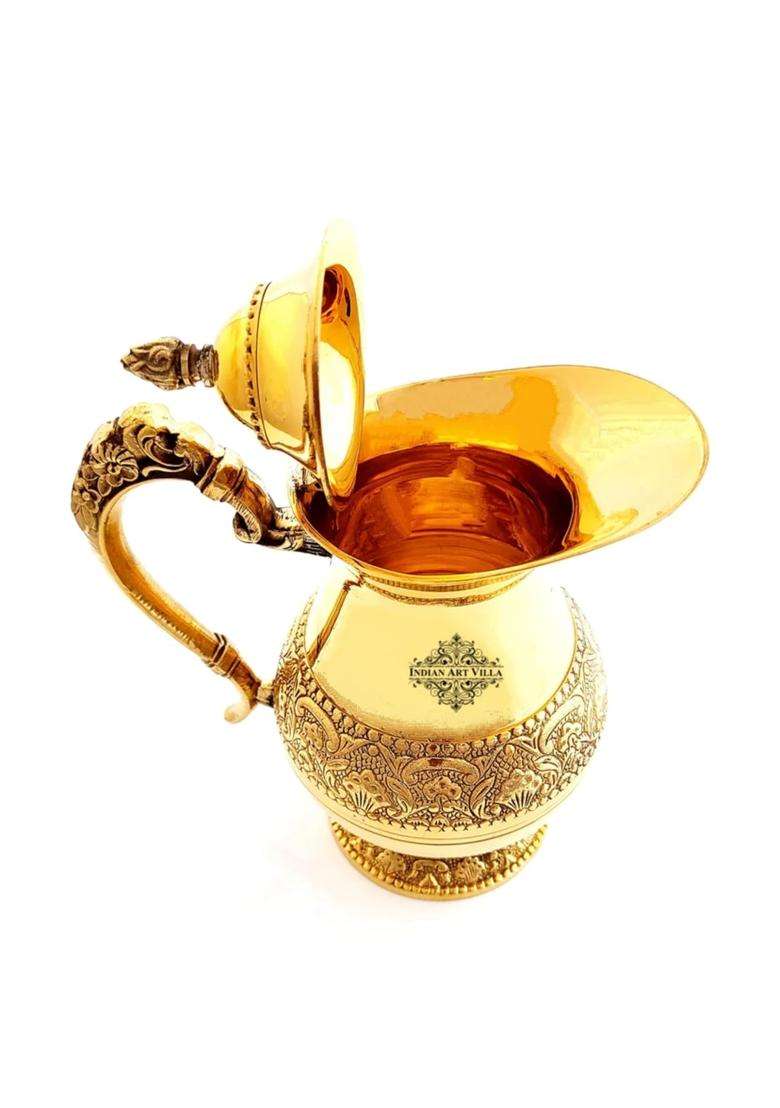 INDIAN ART VILLA Designer Brass Embossed Jug Pitcher with Lid | 1000 ml | 33.8 fl oz - Indya