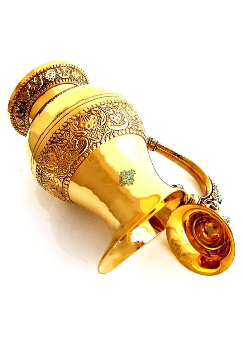 INDIAN ART VILLA Designer Brass Embossed Jug Pitcher with Lid | 1000 ml | 33.8 fl oz - Indya