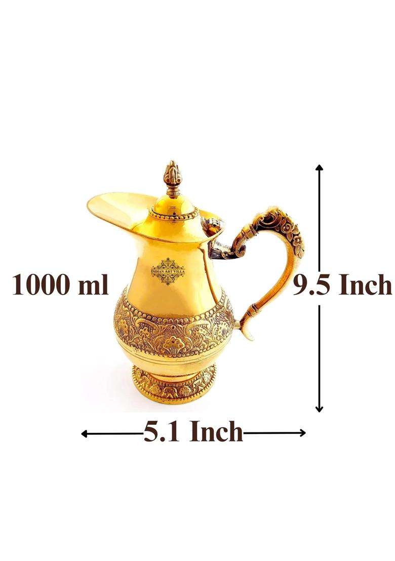 INDIAN ART VILLA Designer Brass Embossed Jug Pitcher with Lid | 1000 ml | 33.8 fl oz - Indya