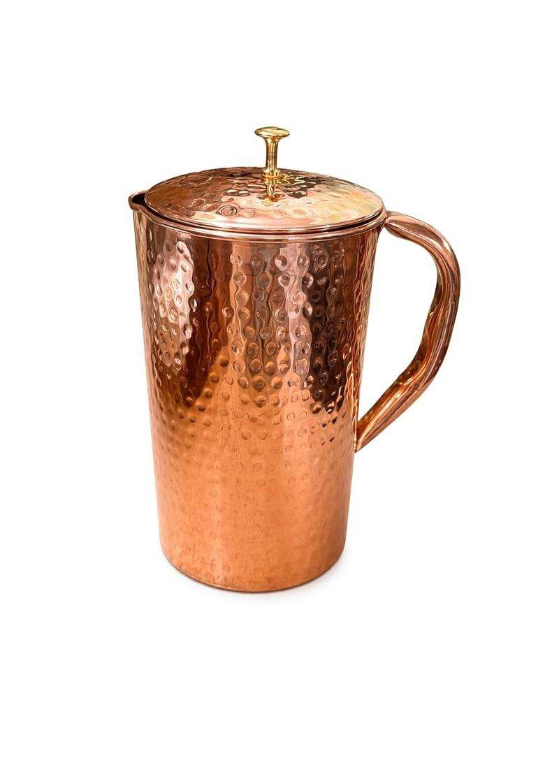 i2collections Hammered Copper Water Jug with Lid and Brass Knob | 1 L | 1.1 Qt - Indya