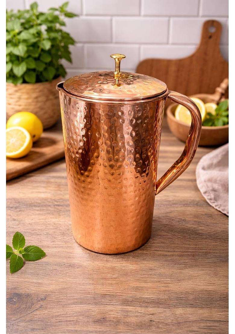 i2collections Hammered Copper Water Jug with Lid and Brass Knob | 1 L | 1.1 Qt - Indya