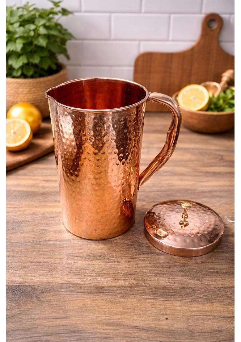 i2collections Hammered Copper Water Jug with Lid and Brass Knob | 1 L | 1.1 Qt - Indya