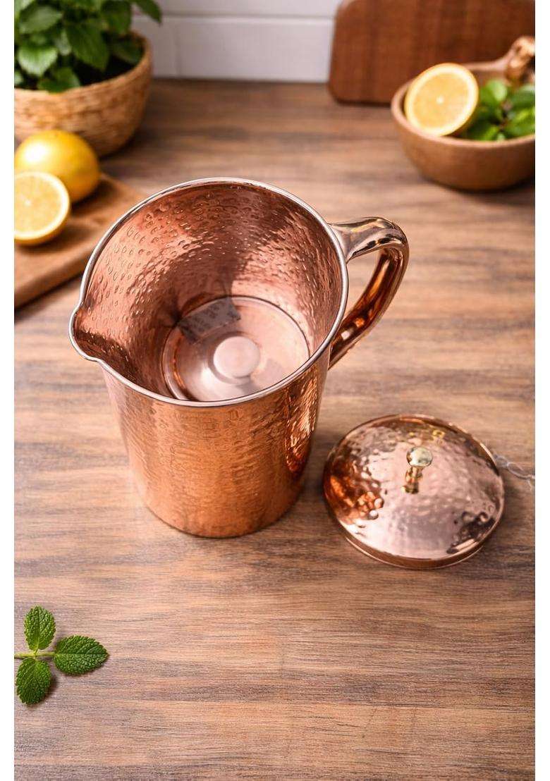 i2collections Hammered Copper Water Jug with Lid and Brass Knob | 1 L | 1.1 Qt - Indya