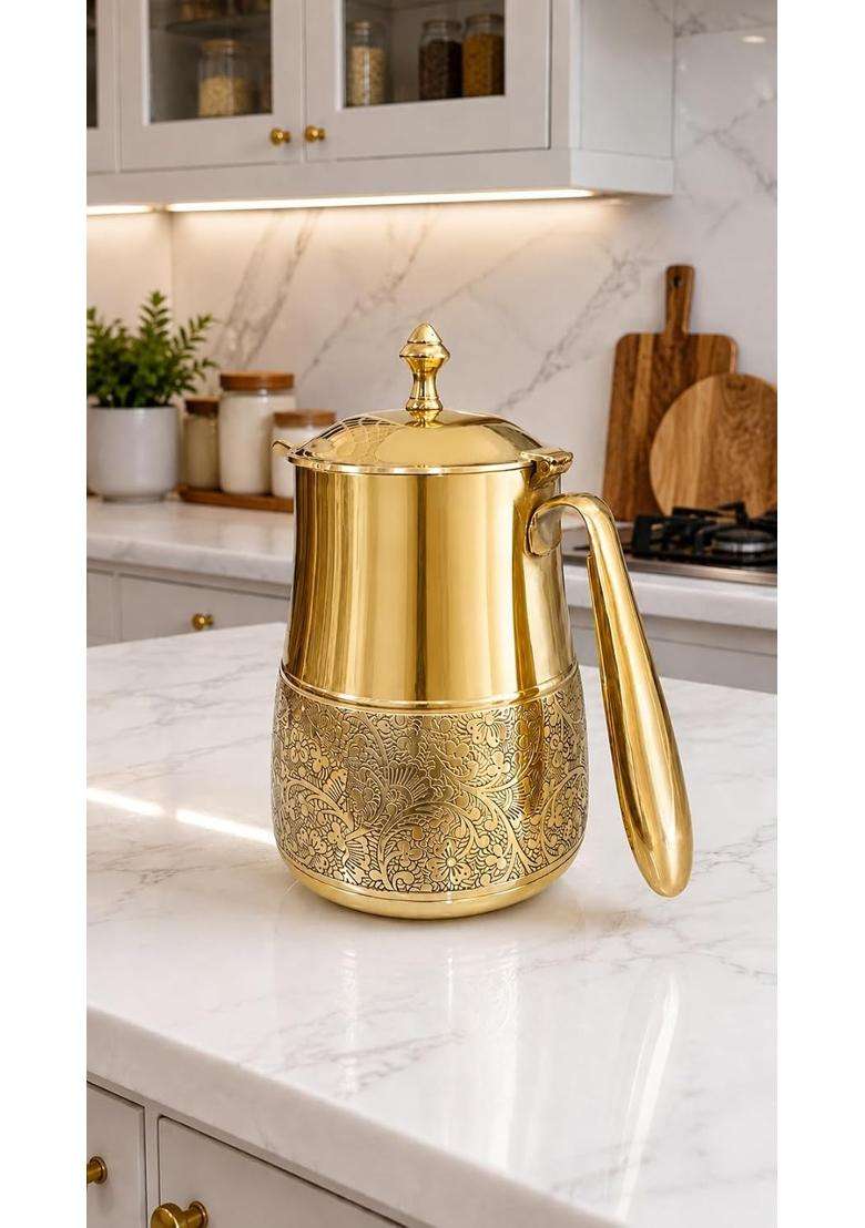 PITAL CRAFT VATIKA Brass Water Jug Kattle Embossed Design Pitcher with Lid and Handle | 2000 ml | 67.6 fl oz - Indya