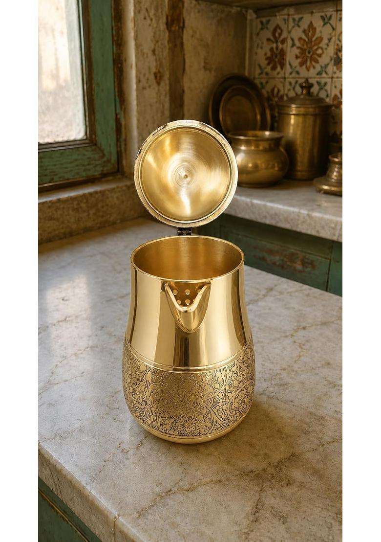PITAL CRAFT VATIKA Brass Water Jug Kattle Embossed Design Pitcher with Lid and Handle | 2000 ml | 67.6 fl oz - Indya