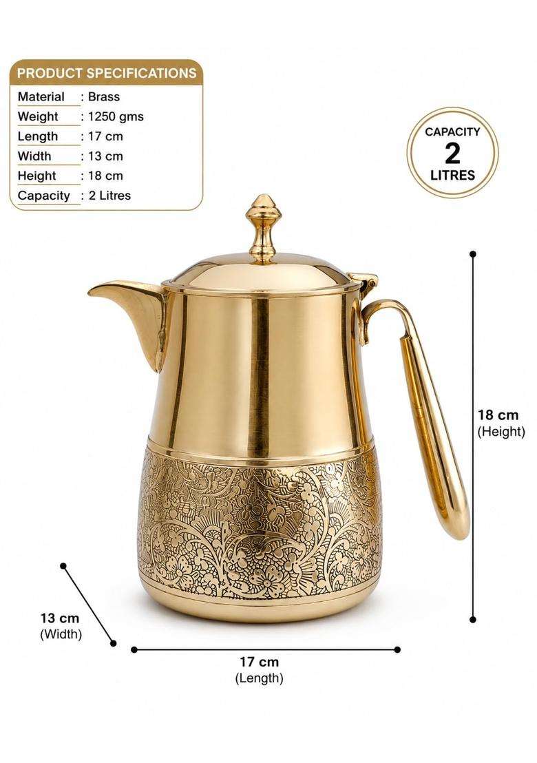 PITAL CRAFT VATIKA Brass Water Jug Kattle Embossed Design Pitcher with Lid and Handle | 2000 ml | 67.6 fl oz - Indya