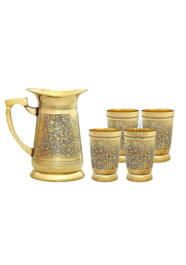 DSH CRAFTING YOUR CURIOSITY DSH Brass Embossed Engraved Design Jug and Glass Set for Serving Water with 6 - Indya