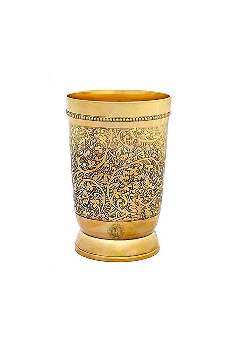 DSH CRAFTING YOUR CURIOSITY DSH Brass Embossed Engraved Design Jug and Glass Set for Serving Water with 6 - Indya