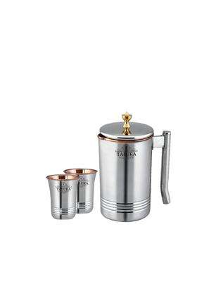 Taluka With T Logo Taluka Handmade Copper Steel Jug and Glass Set with Brass Knob Pitcher with 2 | 1500 ml | 50.7 fl oz | 3-Piece Set