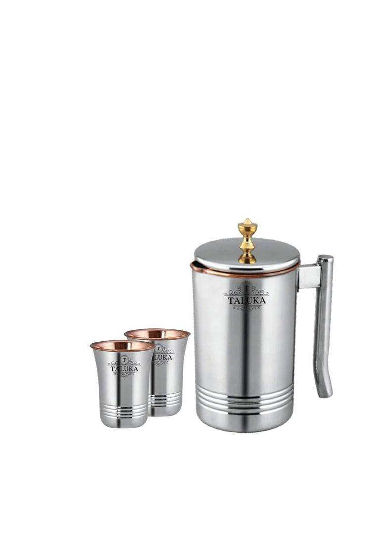 Taluka With T Logo Taluka Handmade Copper Steel Jug and Glass Set with Brass Knob Pitcher with 2 | 1500 ml | 50.7 fl oz | 3-Piece Set - Indya