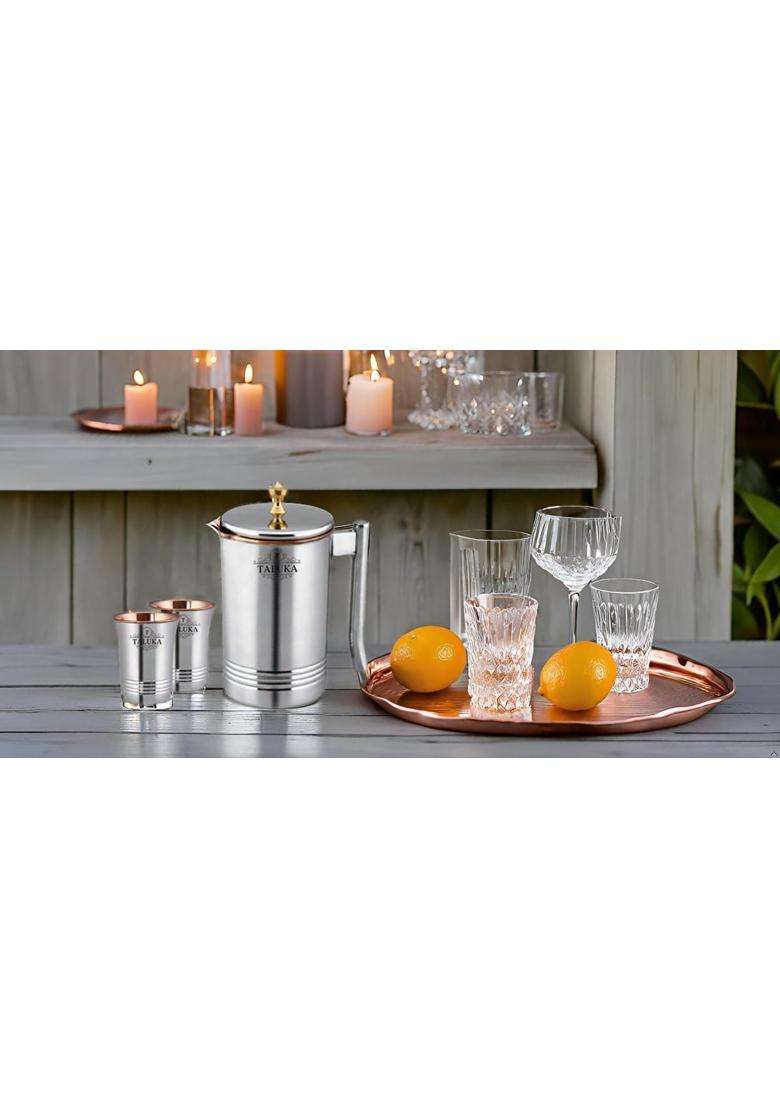 Taluka With T Logo Taluka Handmade Copper Steel Jug and Glass Set with Brass Knob Pitcher with 2 | 1500 ml | 50.7 fl oz | 3-Piece Set - Indya