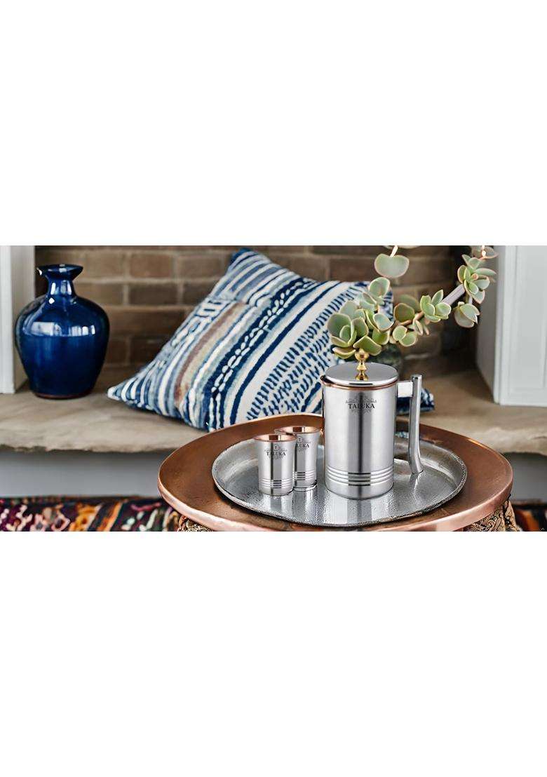 Taluka With T Logo Taluka Handmade Copper Steel Jug and Glass Set with Brass Knob Pitcher with 2 | 1500 ml | 50.7 fl oz | 3-Piece Set - Indya