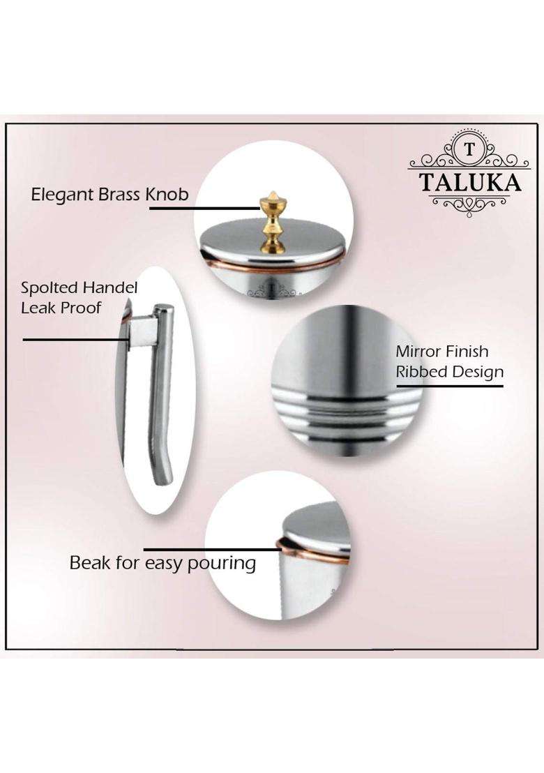 Taluka With T Logo Taluka Handmade Copper Steel Jug and Glass Set with Brass Knob Pitcher with 2 | 1500 ml | 50.7 fl oz | 3-Piece Set - Indya