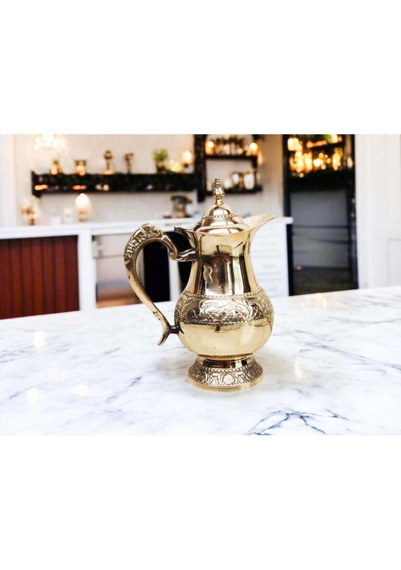 Blissful Decor Pure Brass Water Jug Brass Jug Pitcher Designer Handle Embossed Design with Lid | 1 L | 1.1 Qt - Indya