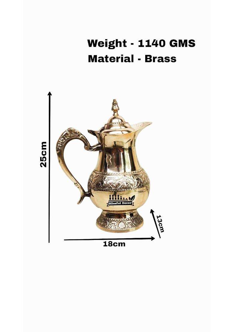 Blissful Decor Pure Brass Water Jug Brass Jug Pitcher Designer Handle Embossed Design with Lid | 1 L | 1.1 Qt - Indya