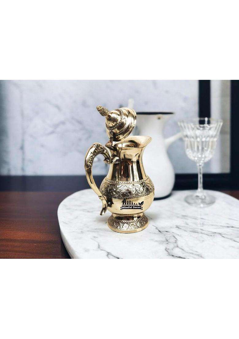 Blissful Decor Pure Brass Water Jug Brass Jug Pitcher Designer Handle Embossed Design with Lid | 1 L | 1.1 Qt - Indya