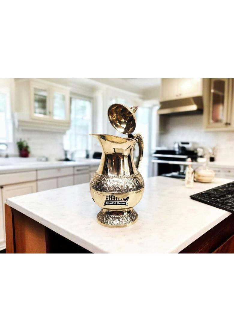 Blissful Decor Pure Brass Water Jug Brass Jug Pitcher Designer Handle Embossed Design with Lid | 1 L | 1.1 Qt - Indya