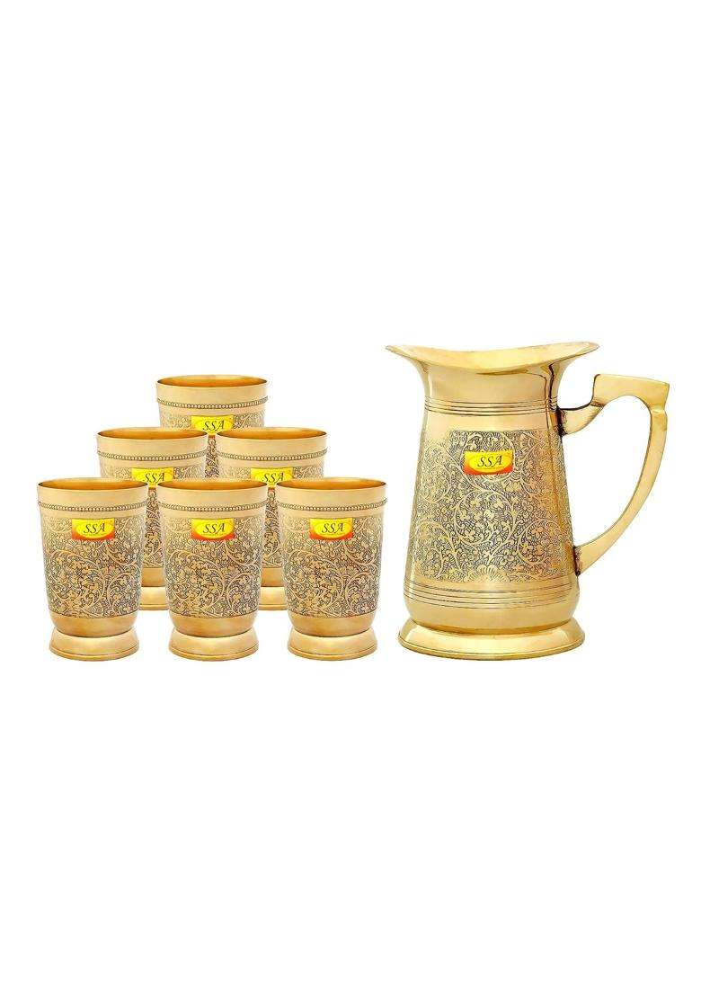 SHIV SHAKTI ARTS Embossed Engraved Design 100 Pure Brass Jug Pitcher - Indya