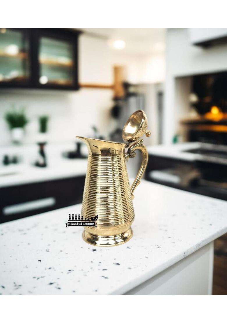 Blissful Decor Pure Brass Water Jug Embosed Design Jug in Glossy Finishing 100 Handmade | 1.2 L | 1.3 Qt - Indya
