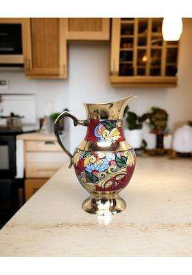 Blissful Decor Pure Brass Floral Printed Brass Water Jug | 1.5 L | 1.6 Qt | Handcrafted