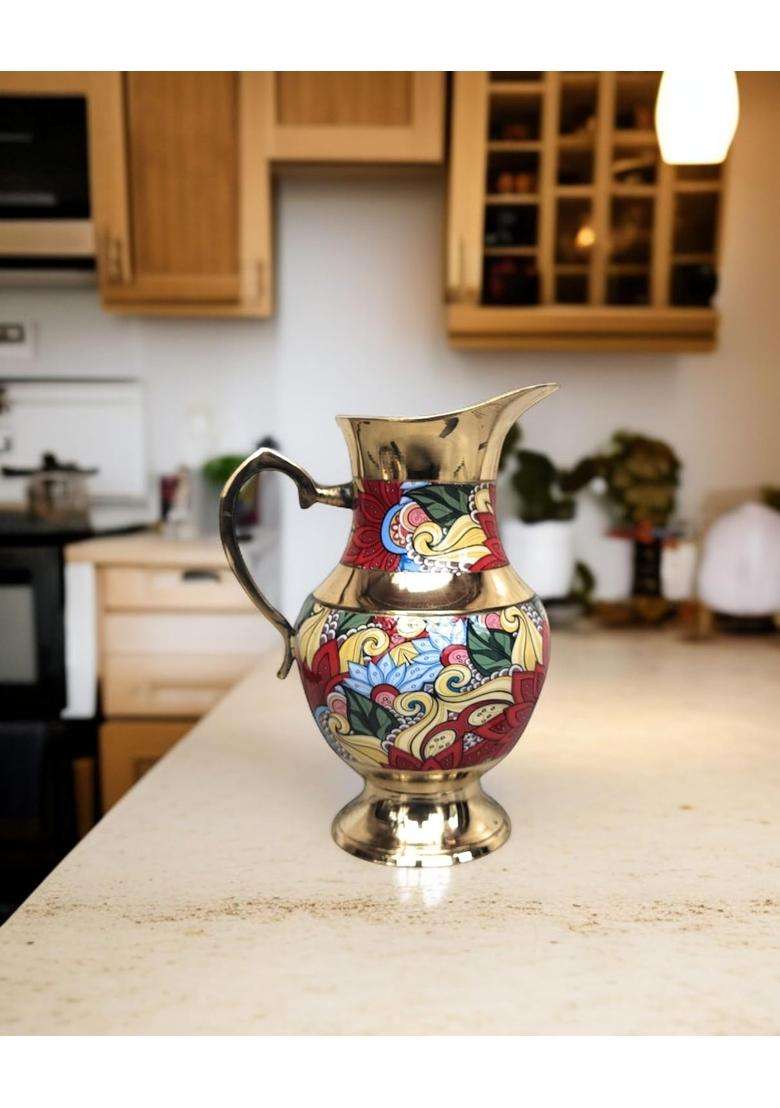 Blissful Decor Pure Brass Floral Printed Brass Water Jug | 1.5 L | 1.6 Qt | Handcrafted - Indya