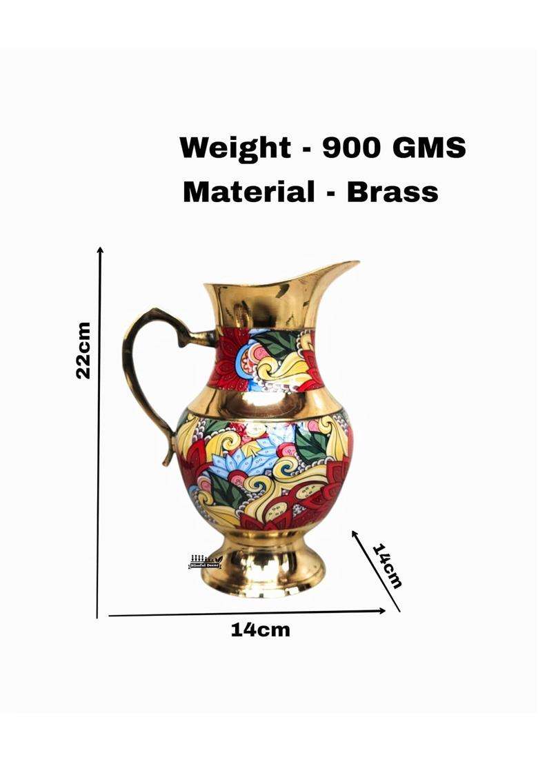 Blissful Decor Pure Brass Floral Printed Brass Water Jug | 1.5 L | 1.6 Qt | Handcrafted - Indya