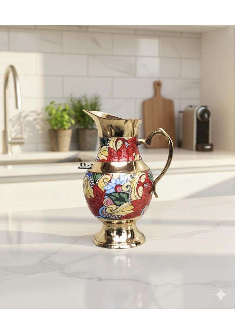 Blissful Decor Pure Brass Floral Printed Brass Water Jug | 1.5 L | 1.6 Qt | Handcrafted - Indya