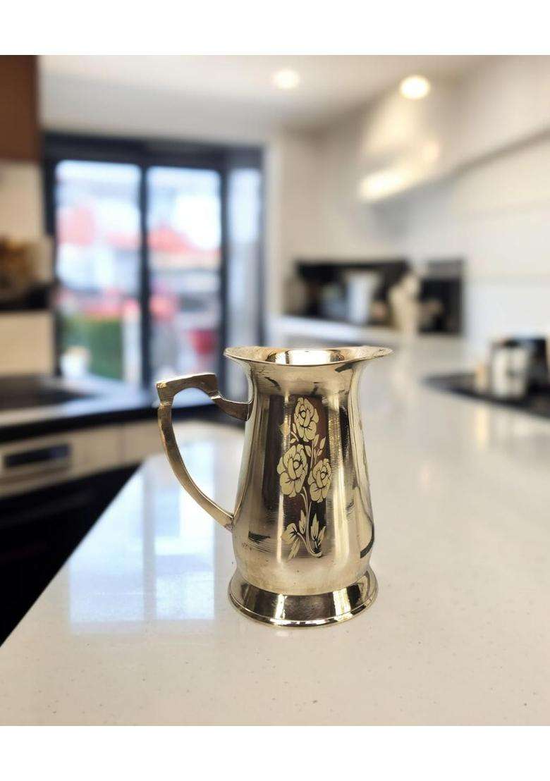 Blissful Decor Pure Brass Water Jug Flower Design Jug in Glossy Finishing 100 Brass Handmade | 1.2 L | 1.3 Qt - Indya